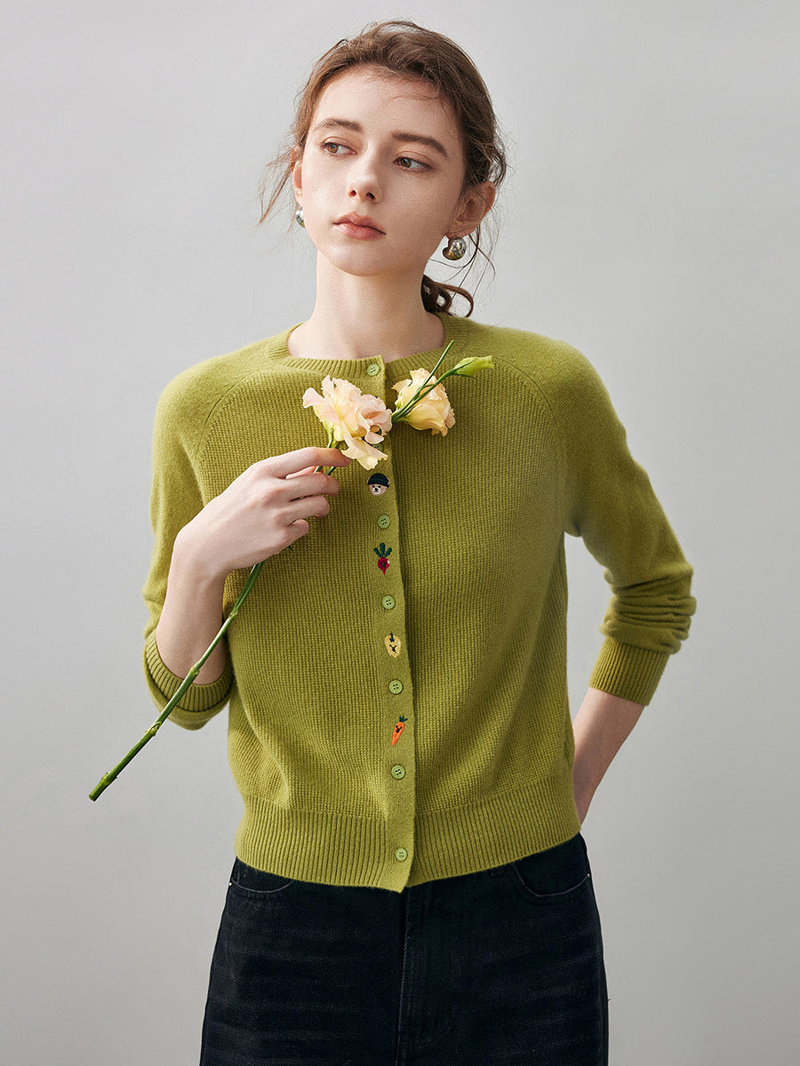 COMOBOCA 100% Cashmere Women's Embroidered Button-Front Cardigan