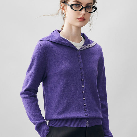 COMOBOCA Purple 100% Cashmere Women's Turtleneck Button-Up Cardigan