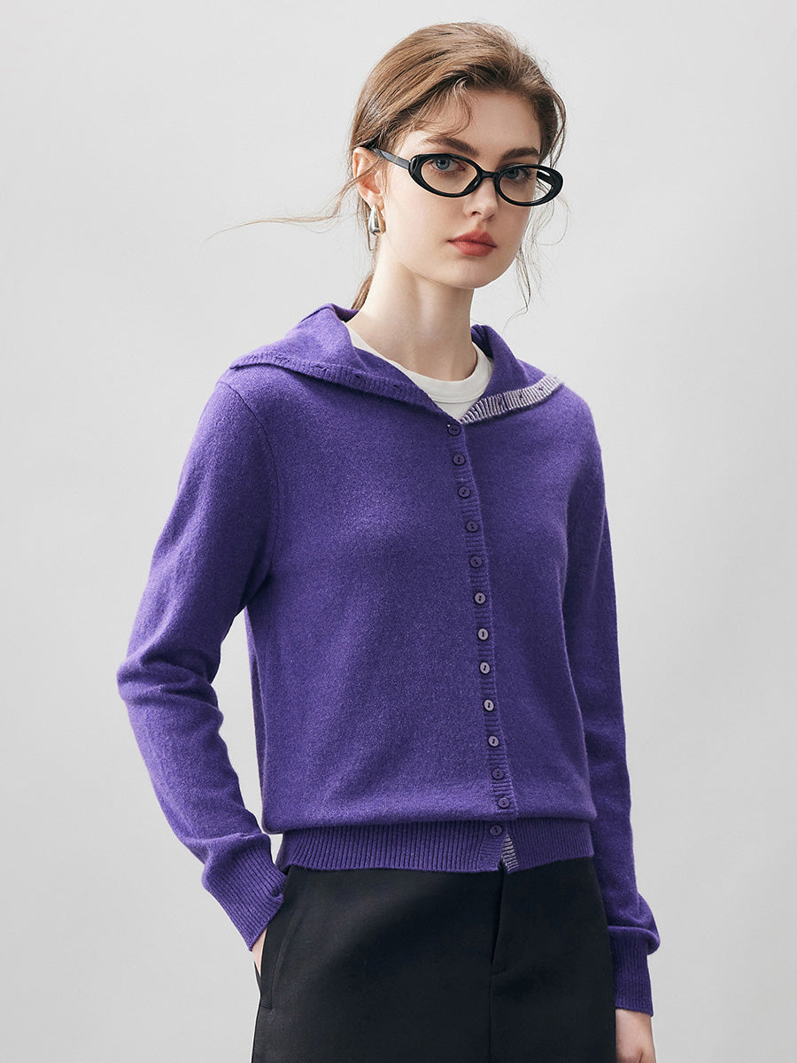 COMOBOCA Purple 100% Cashmere Women's Turtleneck Button-Up Cardigan