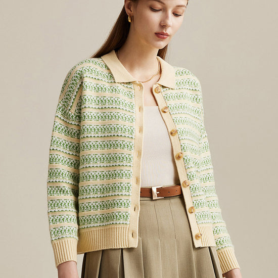 COMOBOCA 100% Wool Women's Vintage Inspired Striped Knit Cardigan