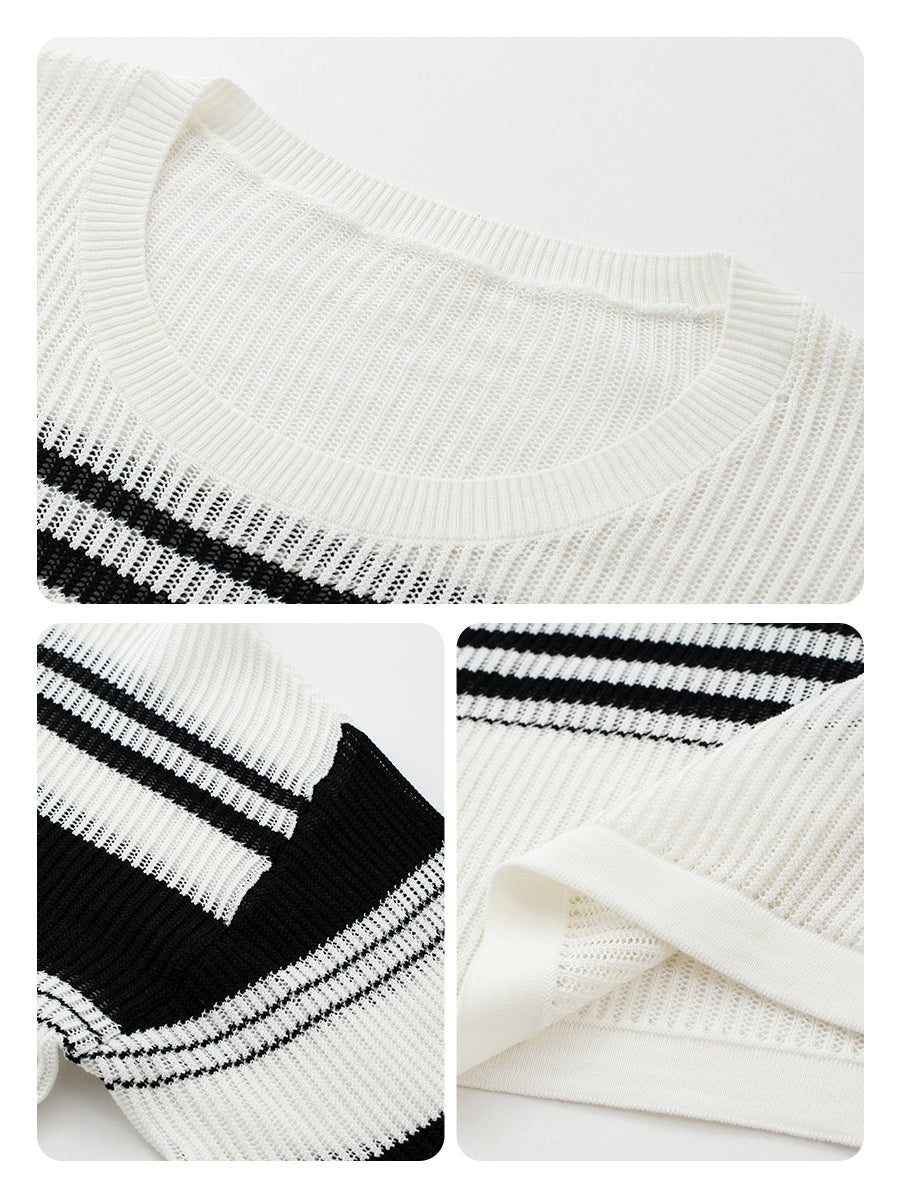 COMOBOCA Women's Asymmetric Stripe Mesh Knit Round Neck Sweater