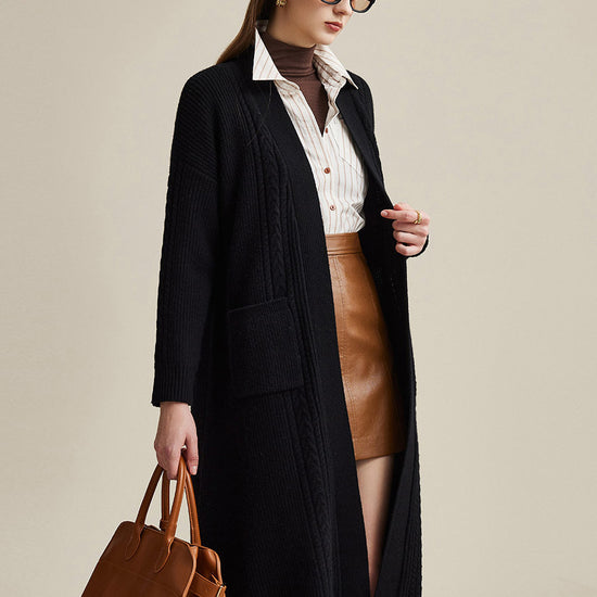 COMOBOCA Black 100% Wool Women's Cardigan Long Knit Coats with Pockets