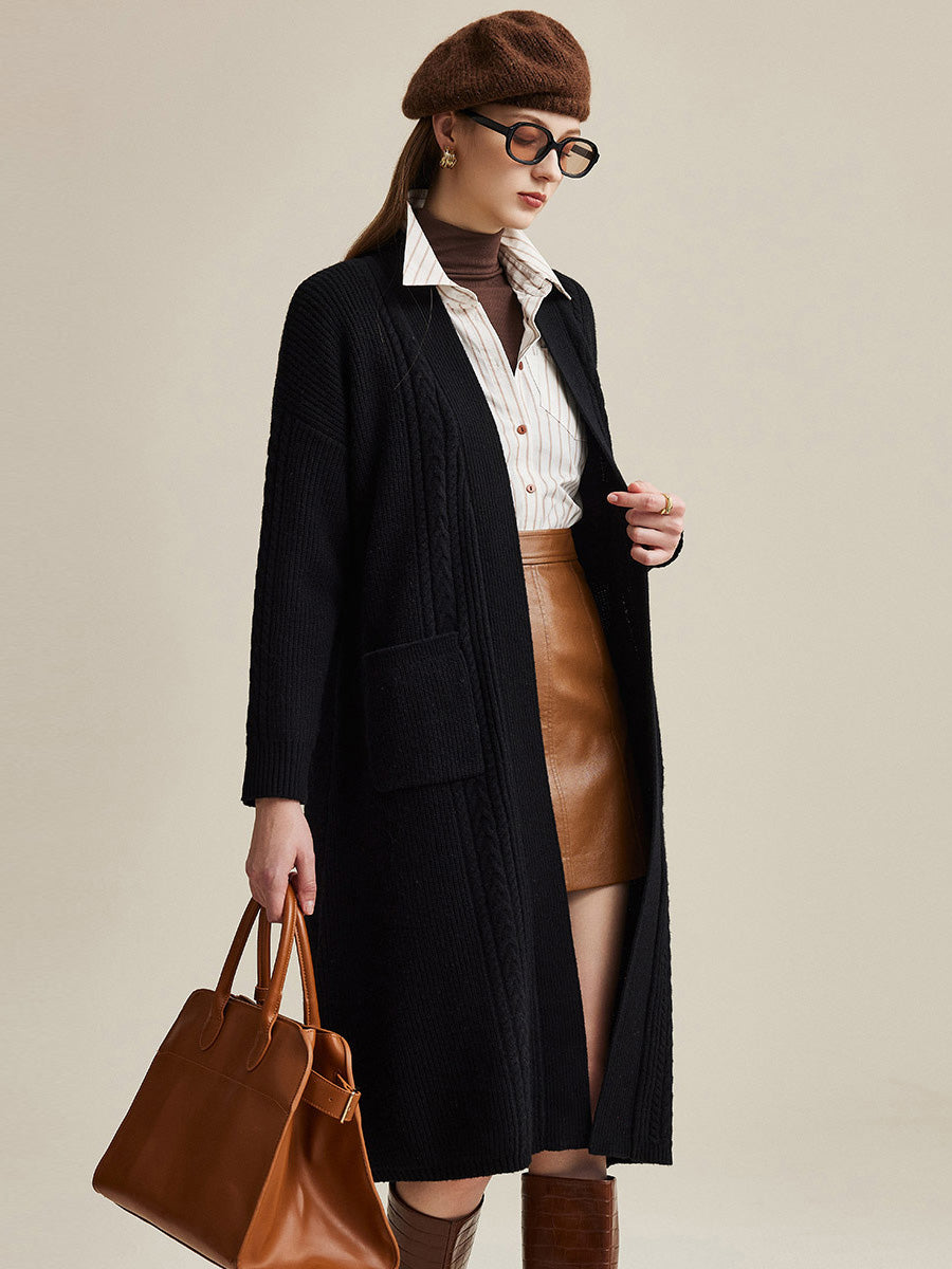 COMOBOCA Black 100% Wool Women's Cardigan Long Knit Coats with Pockets