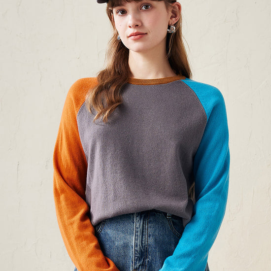 COMOBOCA Turquoise 100% Wool Women's Color Block Knit Sweater