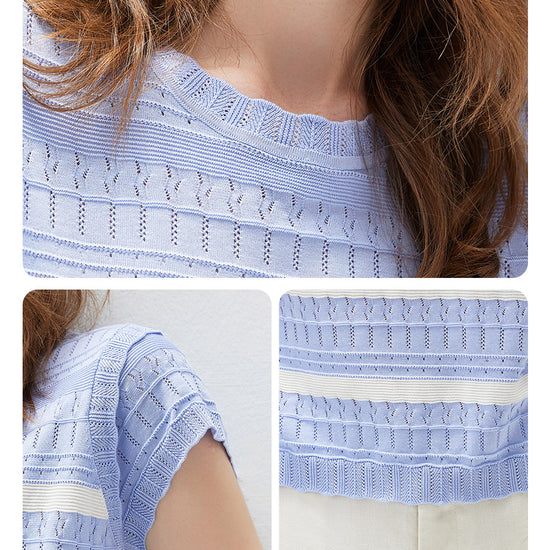 COMOBOCA Women's Cap Sleeve Striped Openwork Knit T-Shirt