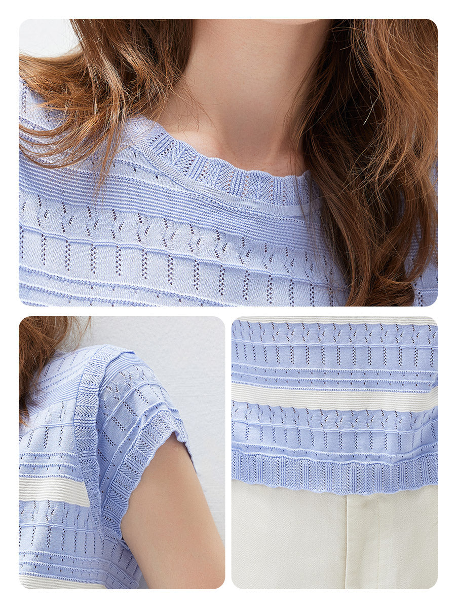 COMOBOCA Women's Cap Sleeve Striped Openwork Knit T-Shirt