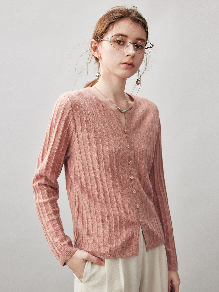 COMOBOCA 100% Cashmere Women's Ribbed Faux Knit Cardigan Sweater