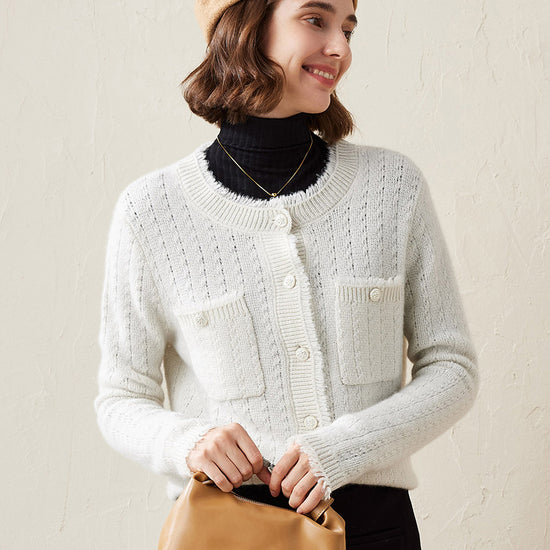 COMOBOCA White 100% Cashmere Women's Knit Button Down Cardigan