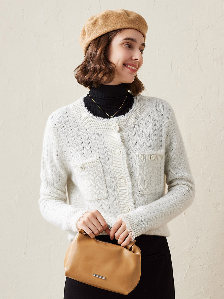 COMOBOCA White 100% Cashmere Women's Knit Button Down Cardigan