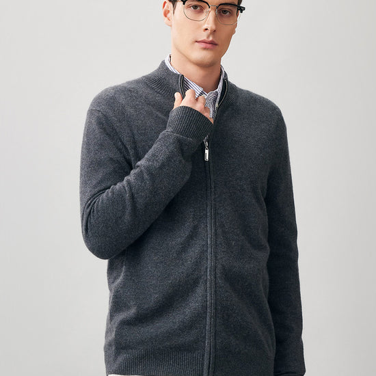 COMOBOCA Charcoal 100% Cashmere Men's Full Zip Mock Neck Knit Cardigan