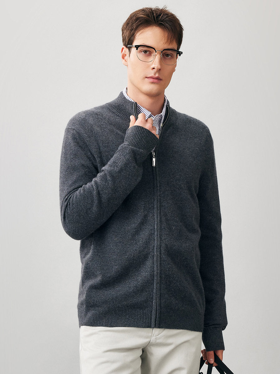 COMOBOCA Charcoal 100% Cashmere Men's Full Zip Mock Neck Knit Cardigan