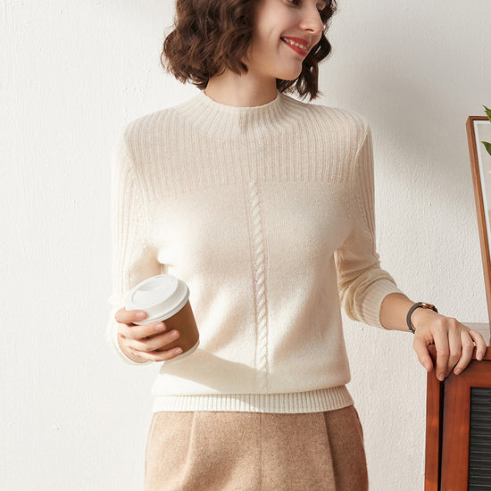 COMOBOCA BEIGE 100% Cashmere Women's Mock Neck Cable Knit Sweater