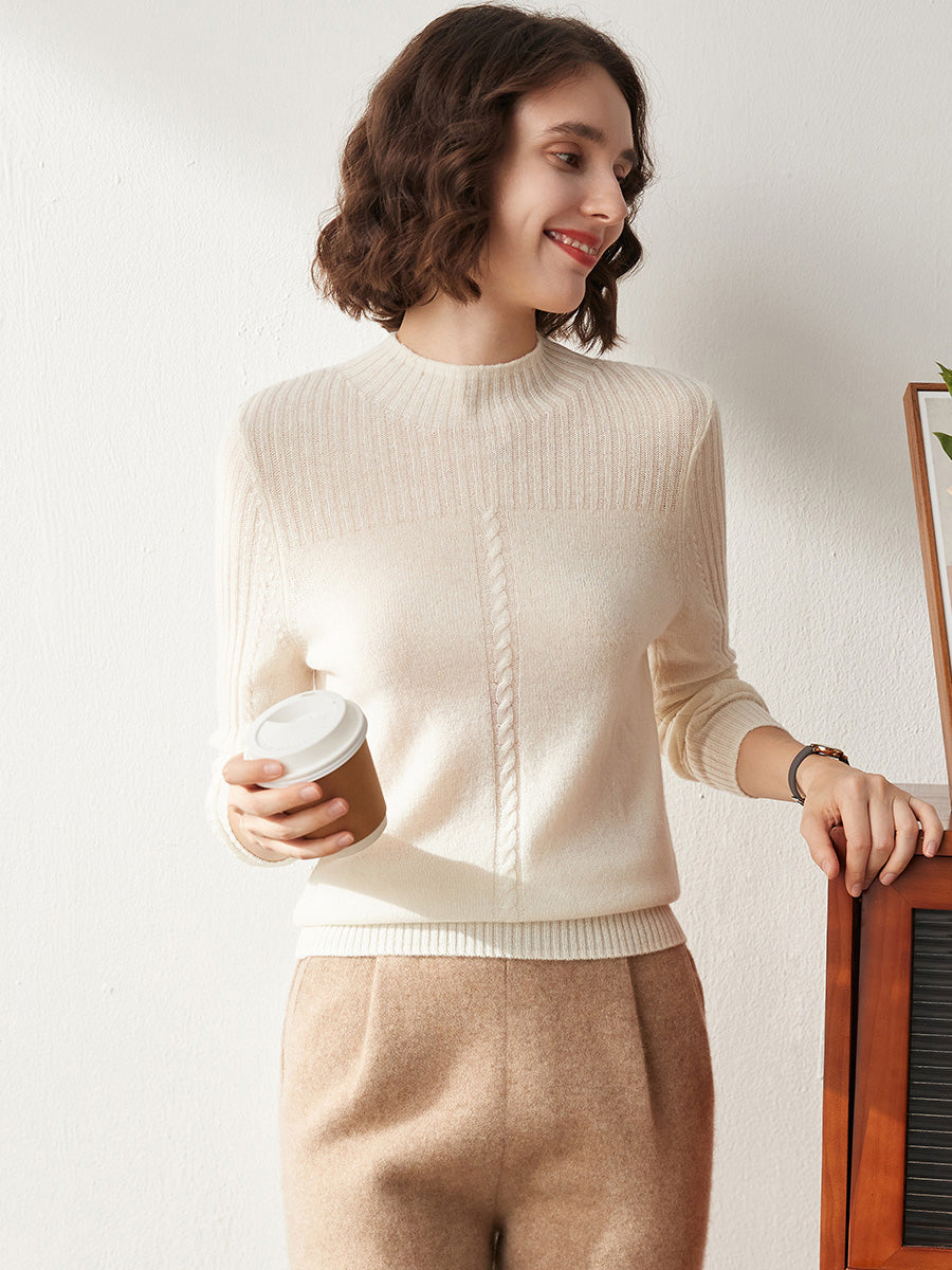 COMOBOCA BEIGE 100% Cashmere Women's Mock Neck Cable Knit Sweater