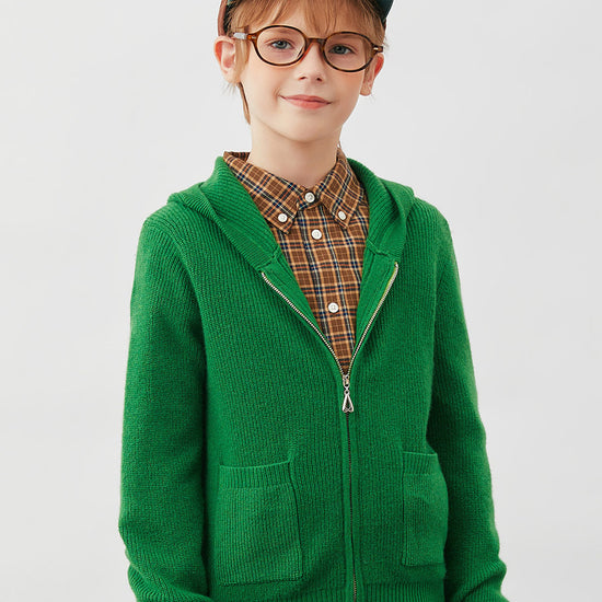 COMOBOCA 100% Wool Kids' Ribbed Zip Up Hooded Cardigan