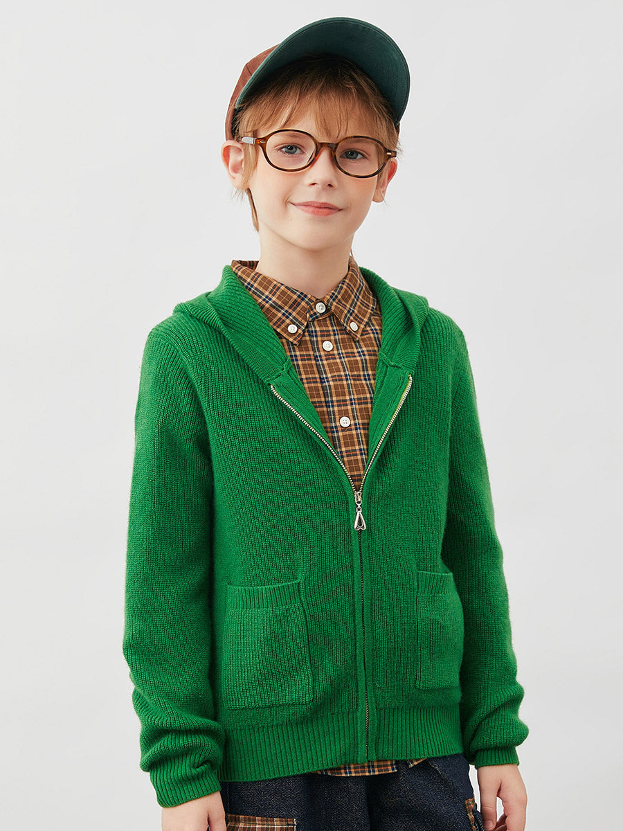 COMOBOCA 100% Wool Kids' Ribbed Zip Up Hooded Cardigan