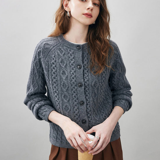 COMOBOCA Charcoal 100% Wool Women's Cable Knit Button Cardigan