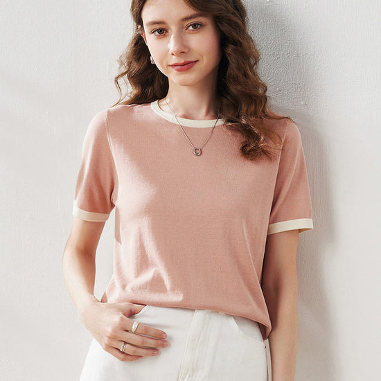 COMOBOCA Light Pink Women's Retro Ringer Cotton Silk T-Shirt