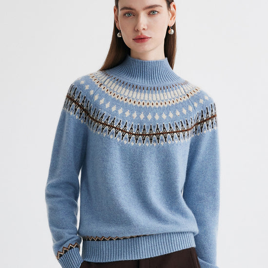 COMOBOCA Light Blue 100% Cashmere Women's Fair Isle Mock Neck Sweater