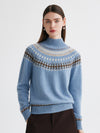 COMOBOCA Light Blue 100% Cashmere Women's Fair Isle Mock Neck Sweater