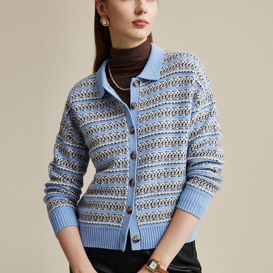 COMOBOCA Light Blue 100% Wool Women's Vintage Inspired Striped Knit Cardigan