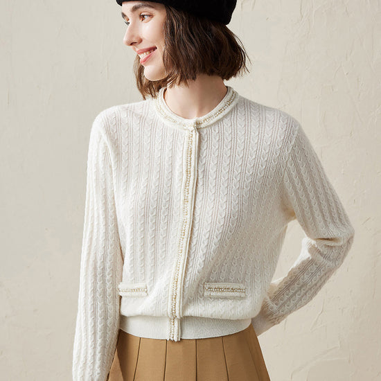 COMOBOCA White 100% Cashmere Women's Pocket Faux Cardigan Sweater