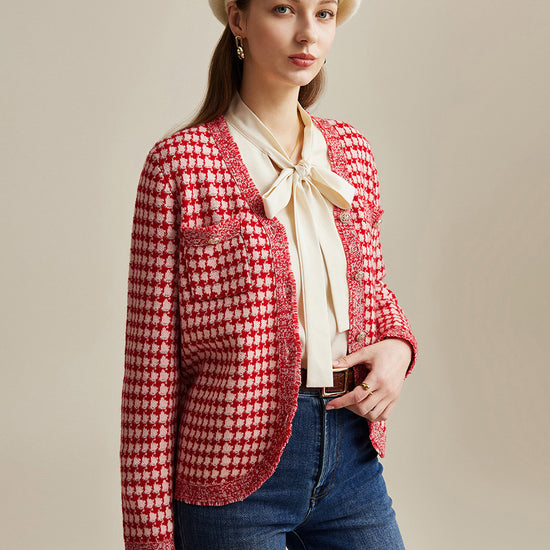 COMOBOCA 100% Wool Women's Houndstooth Cardigan