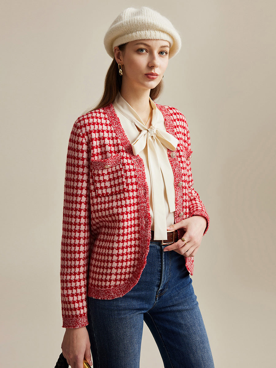 COMOBOCA 100% Wool Women's Houndstooth Cardigan