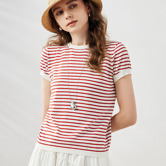 COMOBOCA Red Women's Striped Button Back T-Shirt