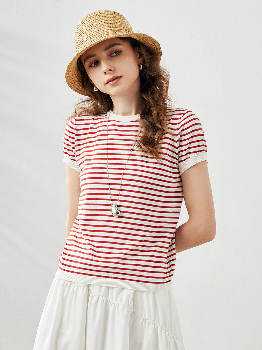 COMOBOCA Red Women's Striped Button Back T-Shirt