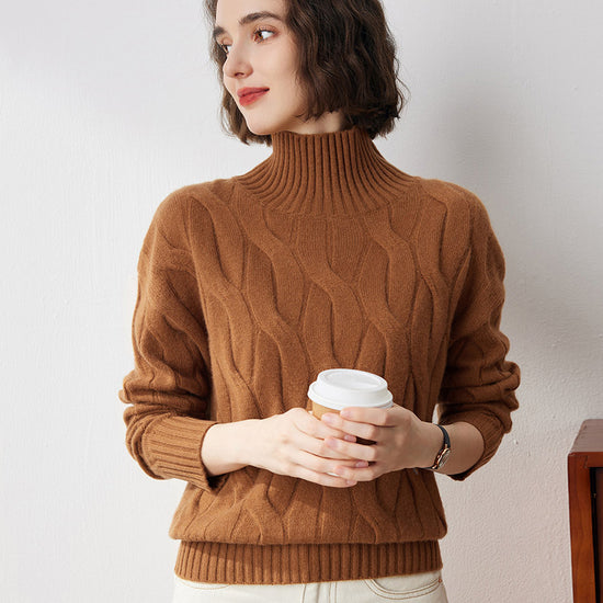 COMOBOCA BROWN 100% Cashmere Women's Turtleneck Cable Knit Sweater