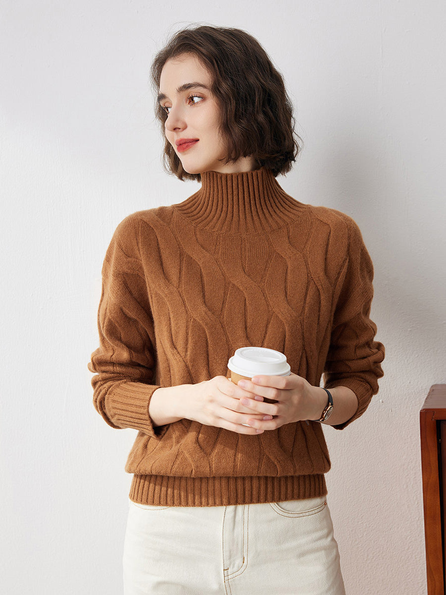 COMOBOCA BROWN 100% Cashmere Women's Turtleneck Cable Knit Sweater