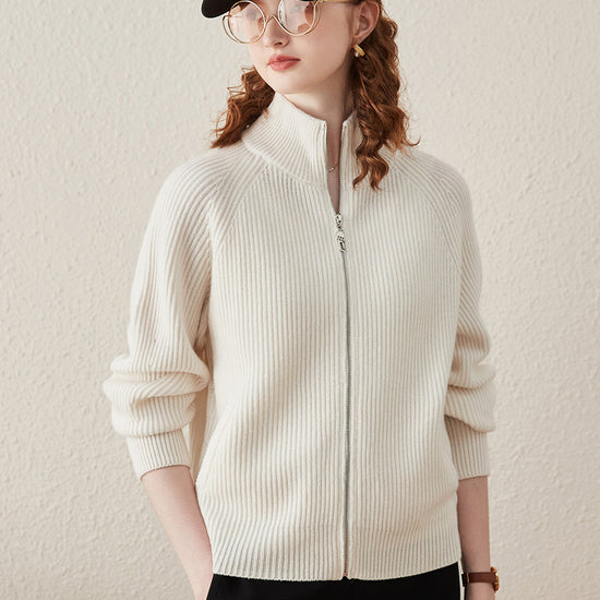 COMOBOCA White 100% Wool Women's Half-High Neck Zip Cardigan