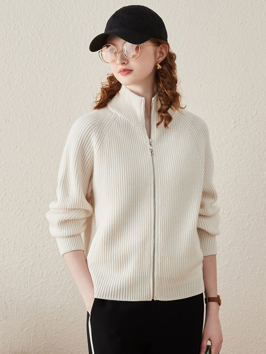 COMOBOCA White 100% Wool Women's Half-High Neck Zip Cardigan