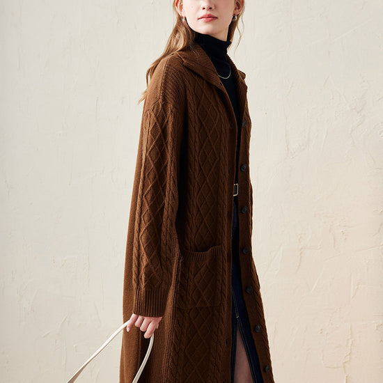 COMOBOCA 100% Wool Women's Cable Knit Long Front Button Coat