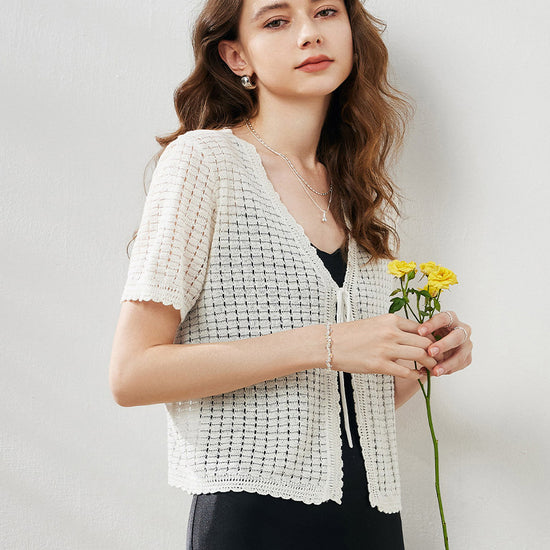 COMOBOCA Women's Linen Crochet Tie Short Sleeve Cardigan