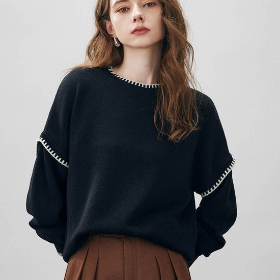 COMOBOCA Black 100% Wool Women's Contrast Trim Knit Sweater