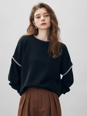 COMOBOCA Black 100% Wool Women's Contrast Trim Knit Sweater