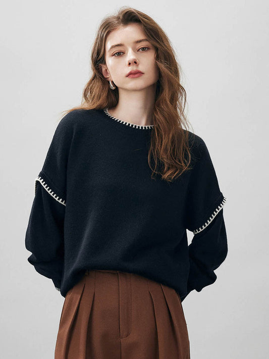COMOBOCA Black 100% Wool Women's Contrast Trim Knit Sweater