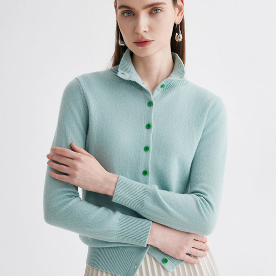 COMOBOCA Moonlight Green 100% Cashmere Women's Turtleneck Button Front Knit Cardigan