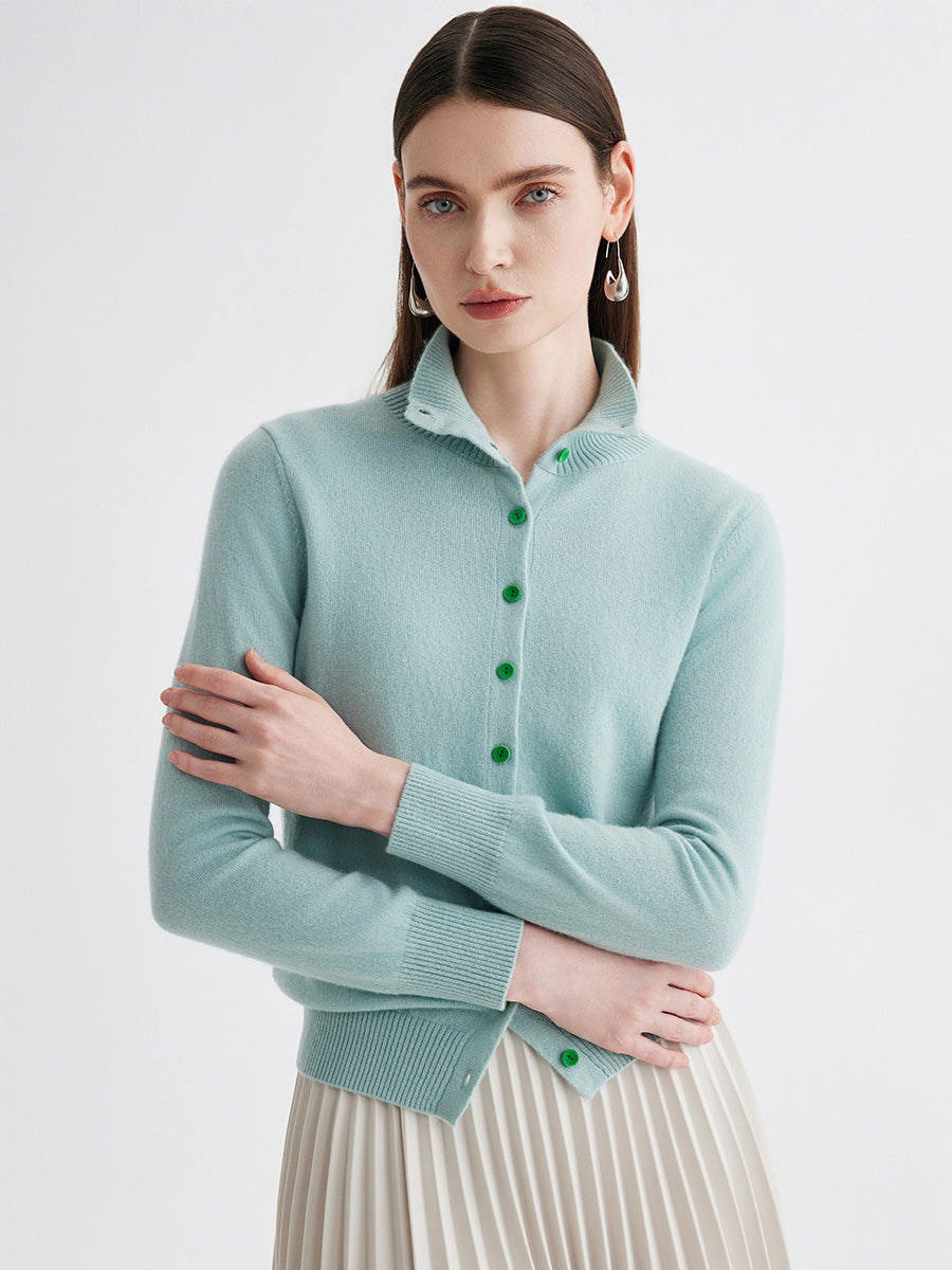 COMOBOCA Moonlight Green 100% Cashmere Women's Turtleneck Button Front Knit Cardigan