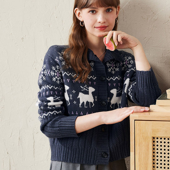 COMOBOCA 100% Wool Women's Reindeer Knit Cardigan