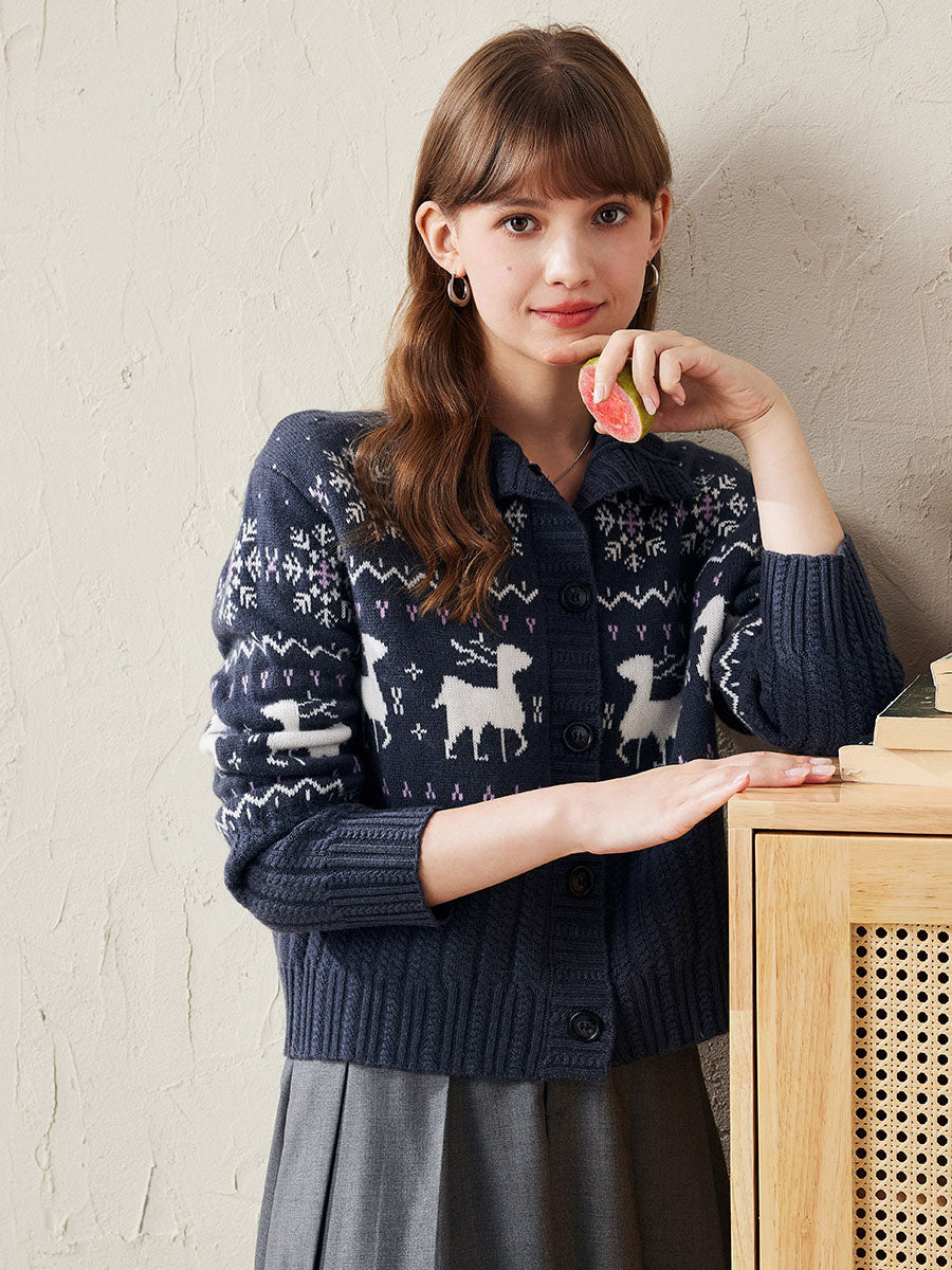 COMOBOCA 100% Wool Women's Reindeer Knit Cardigan