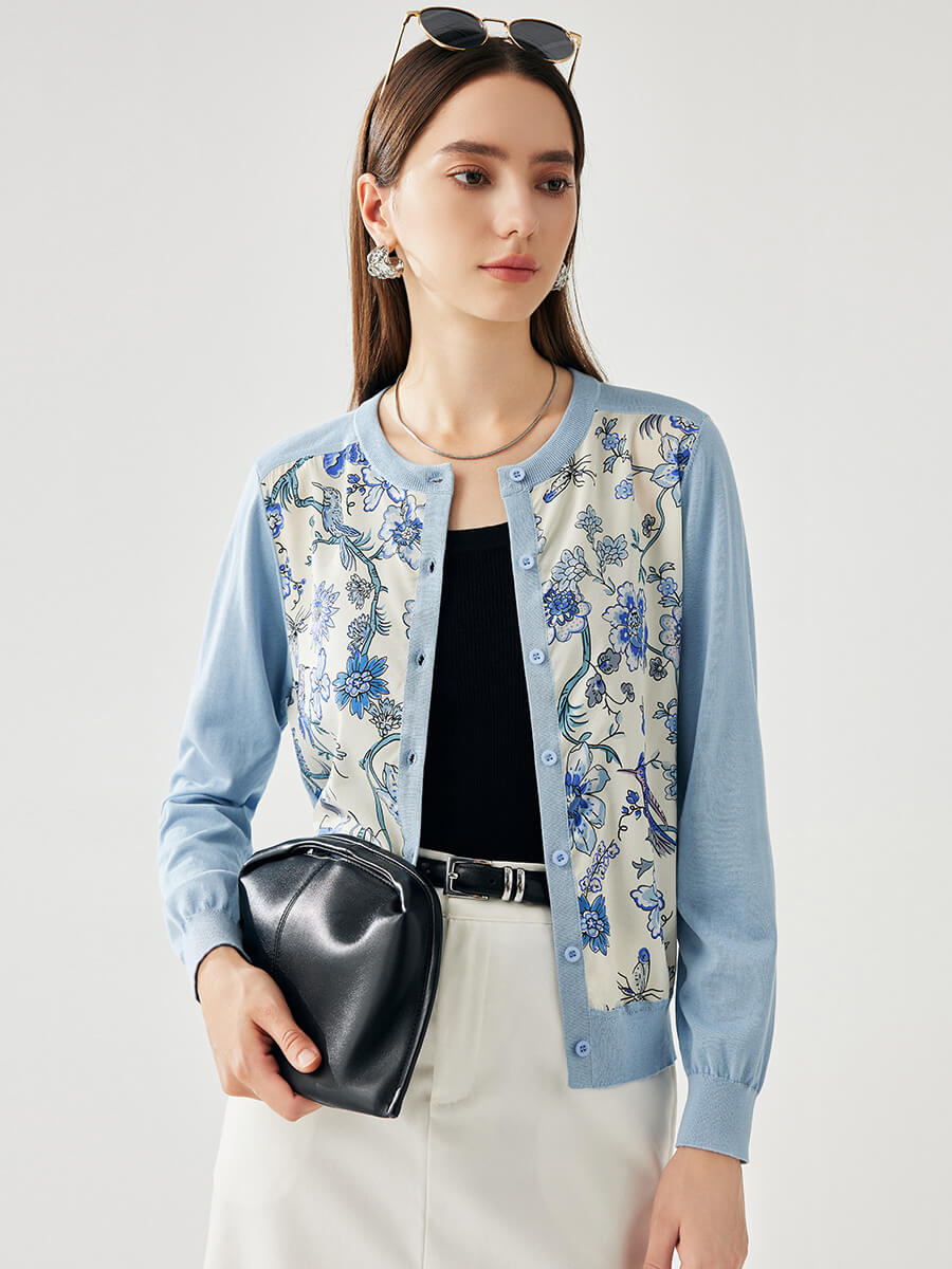 COMOBOCA Blue Women's Floral Ribbed Button-Up Cardigan