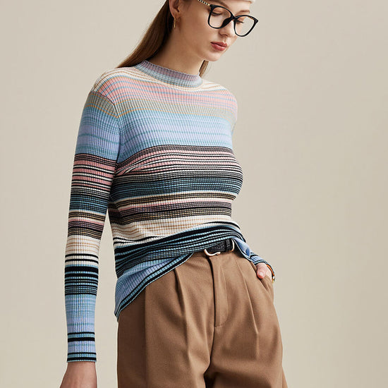 COMOBOCA 100% Wool Women's Multicolor Striped Knit Sweater