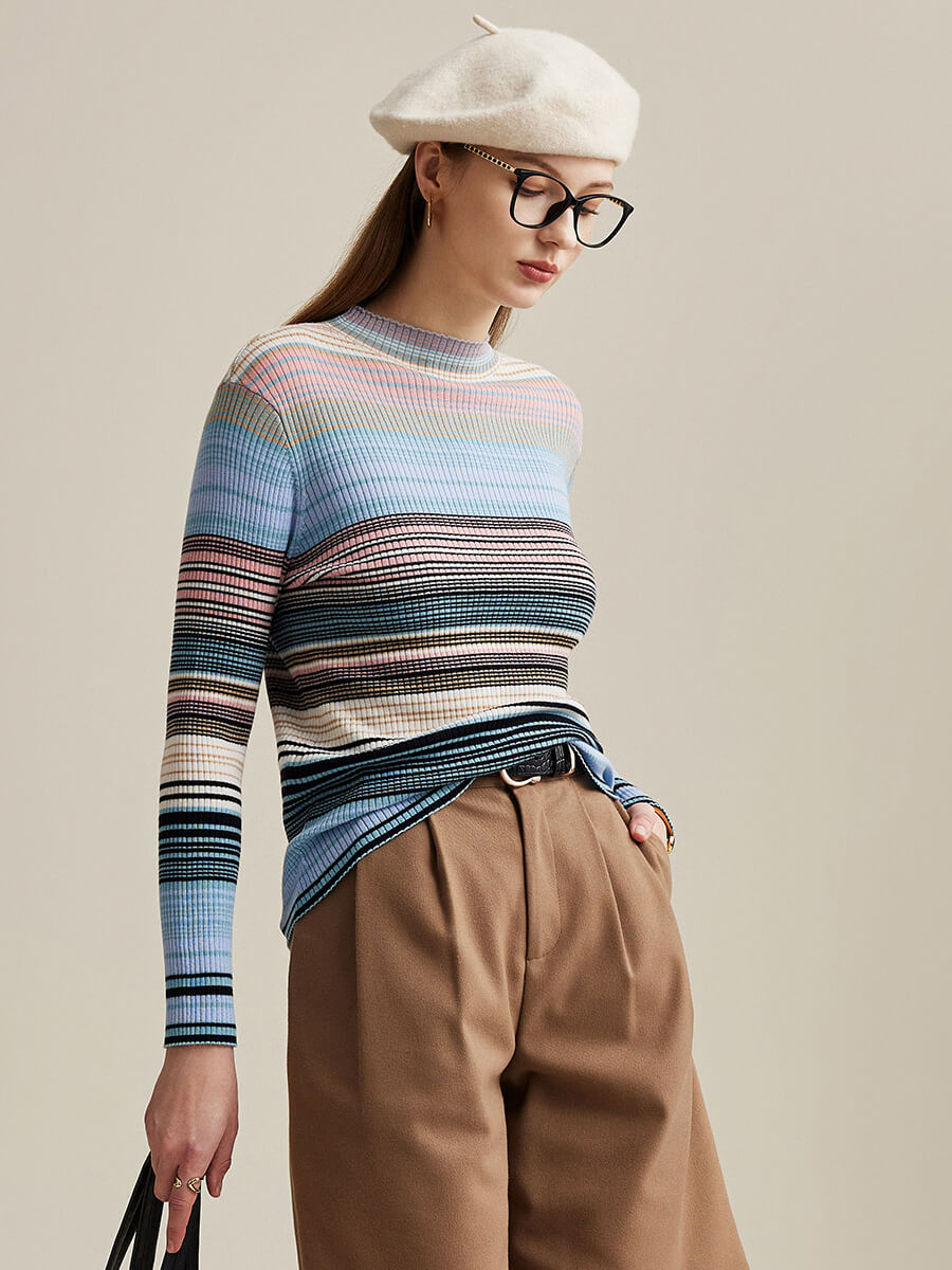 COMOBOCA 100% Wool Women's Multicolor Striped Knit Sweater