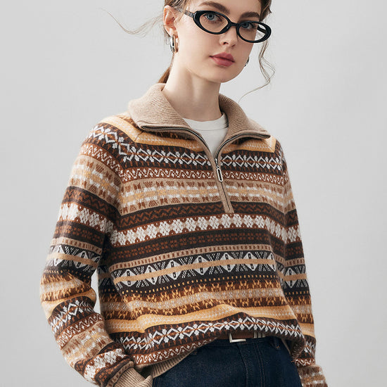 COMOBOCA 100% Cashmere Women's Fair Isle Half Zip Sweater