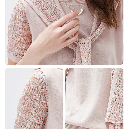 COMOBOCA Women's Lace Round Neck Knit T-Shirt