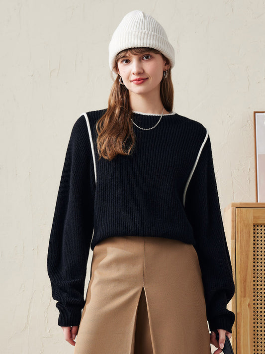 COMOBOCA Black 100% Wool Women's Color Block Ribbed Knit Sweater