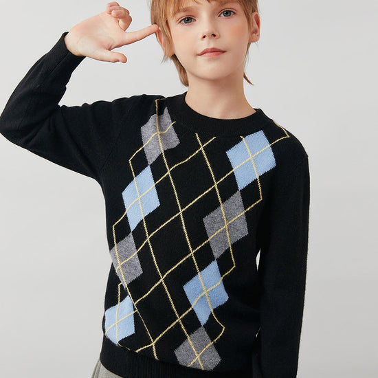 COMOBOCA 100% Wool Kids' Argyle Pattern Round Neck Sweater