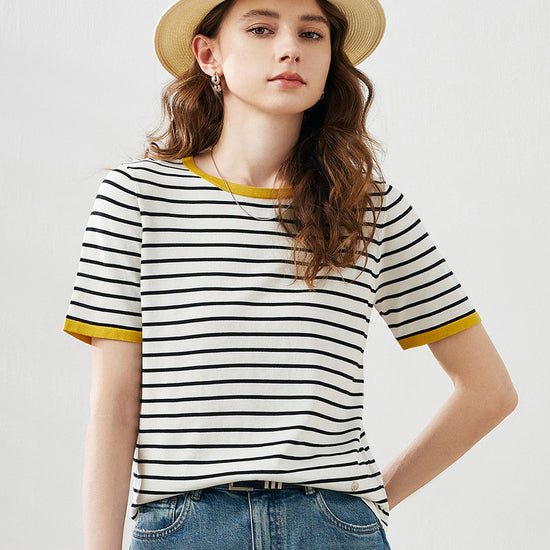 COMOBOCA Women's Striped Ribbed Contrast Trim T-Shirt